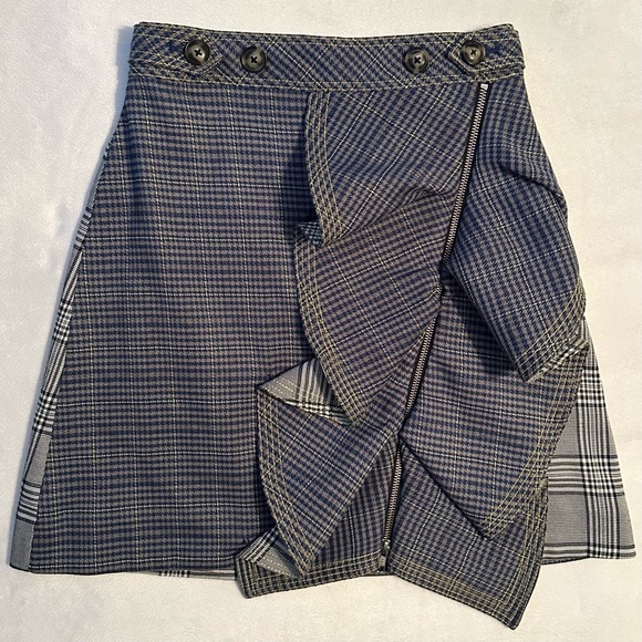 Self-Portrait Scottish Ruffled Checked Plaid Tweed Mini Skirt Blue Bicolor Sz 4 - Picture 2 of 10